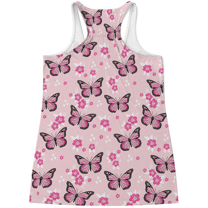 Pink Monarch Butterfly Pattern Print Women's Racerback Tank Top