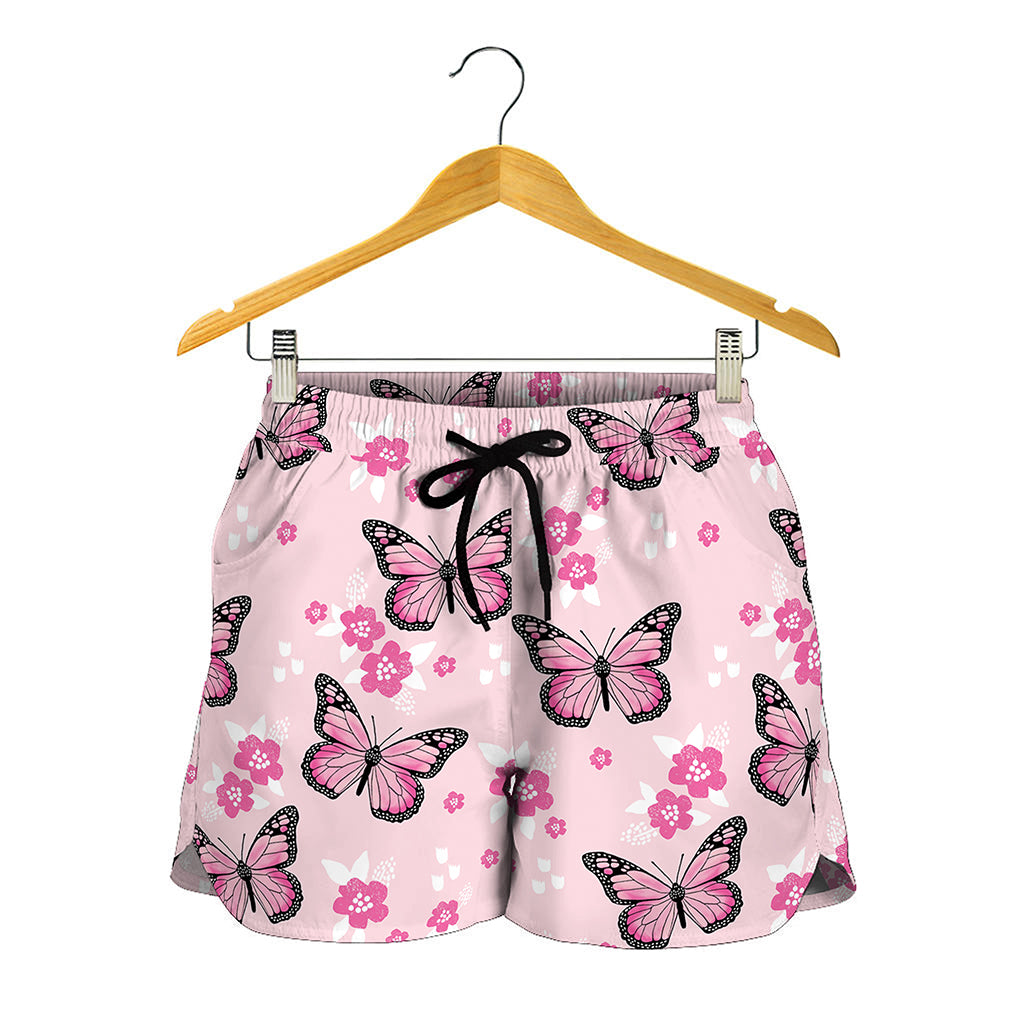 Pink Monarch Butterfly Pattern Print Women's Shorts
