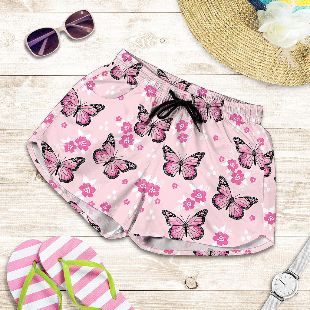 Pink Monarch Butterfly Pattern Print Women's Shorts
