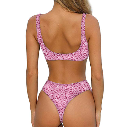 Pink Octopus Tentacles Pattern Print Front Bow Tie Bikini