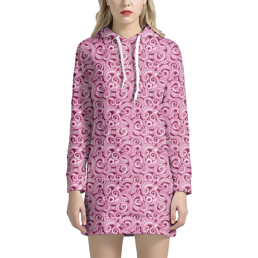 Pink Octopus Tentacles Pattern Print Hoodie Dress