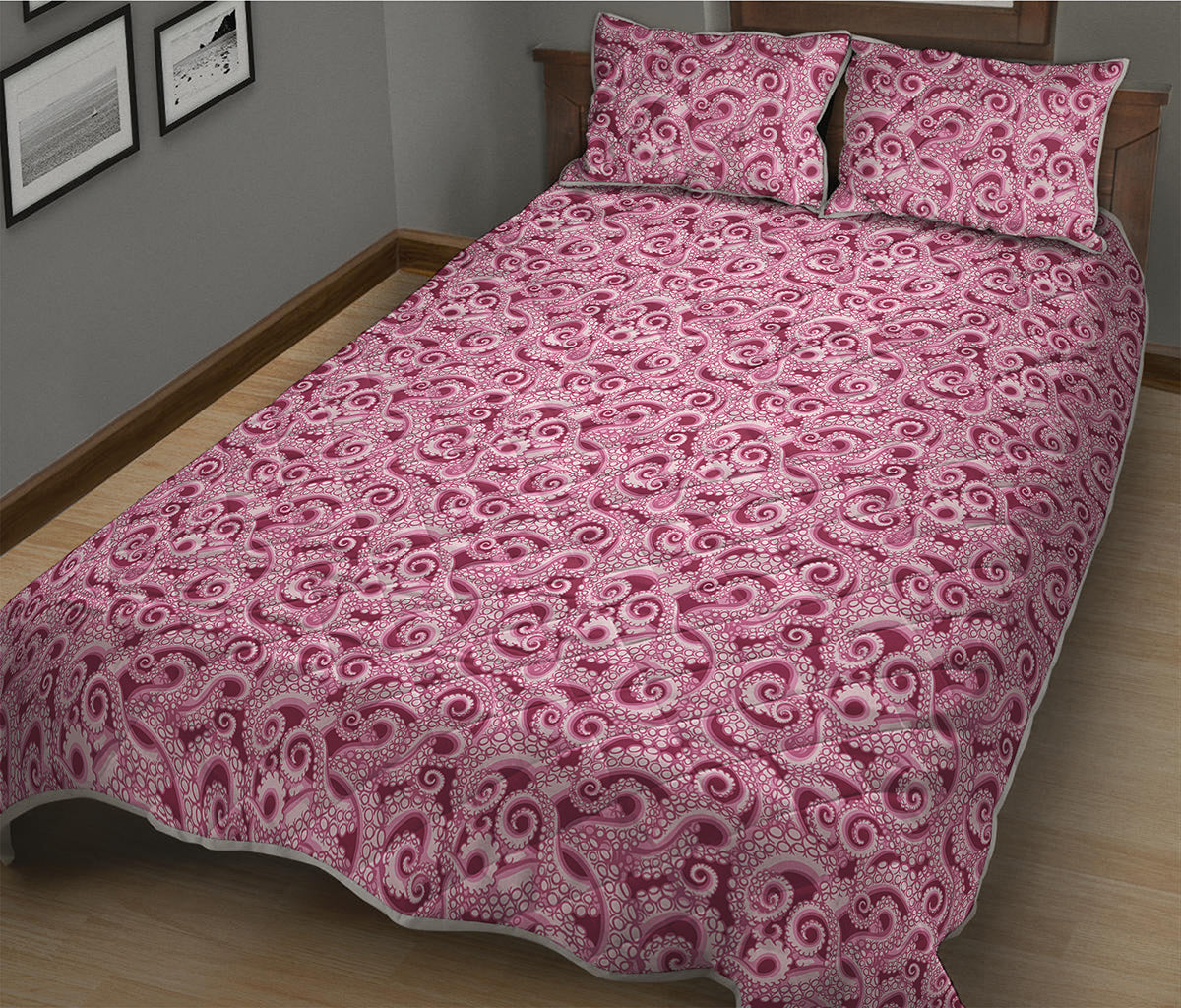 Pink Octopus Tentacles Pattern Print Quilt Bed Set