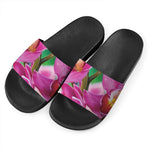 Pink Orchid Flower Print Black Slide Sandals