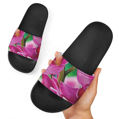 Pink Orchid Flower Print Black Slide Sandals