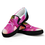 Pink Orchid Flower Print Black Slip On Shoes