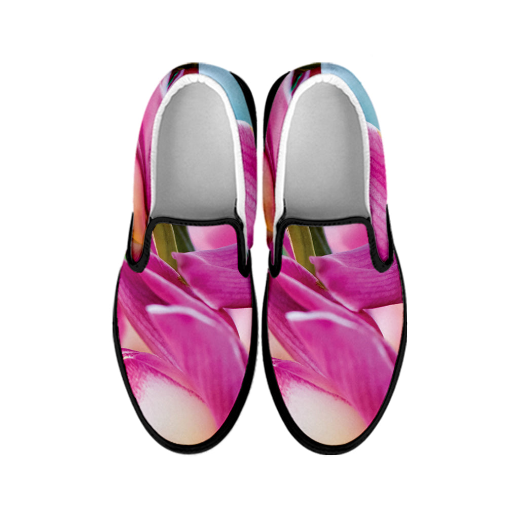 Pink Orchid Flower Print Black Slip On Shoes