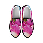 Pink Orchid Flower Print Black Slip On Shoes
