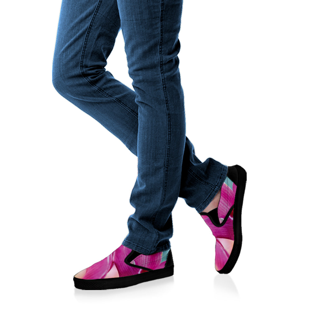 Pink Orchid Flower Print Black Slip On Shoes