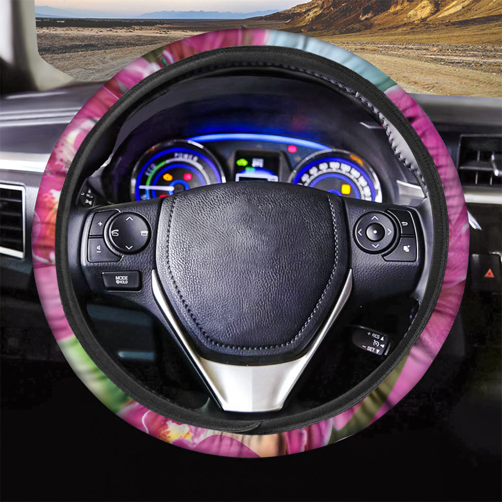 Pink Orchid Flower Print Car Steering Wheel Cover