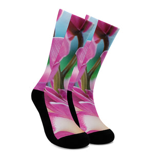 Pink Orchid Flower Print Crew Socks