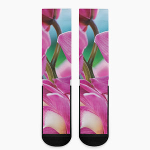 Pink Orchid Flower Print Crew Socks