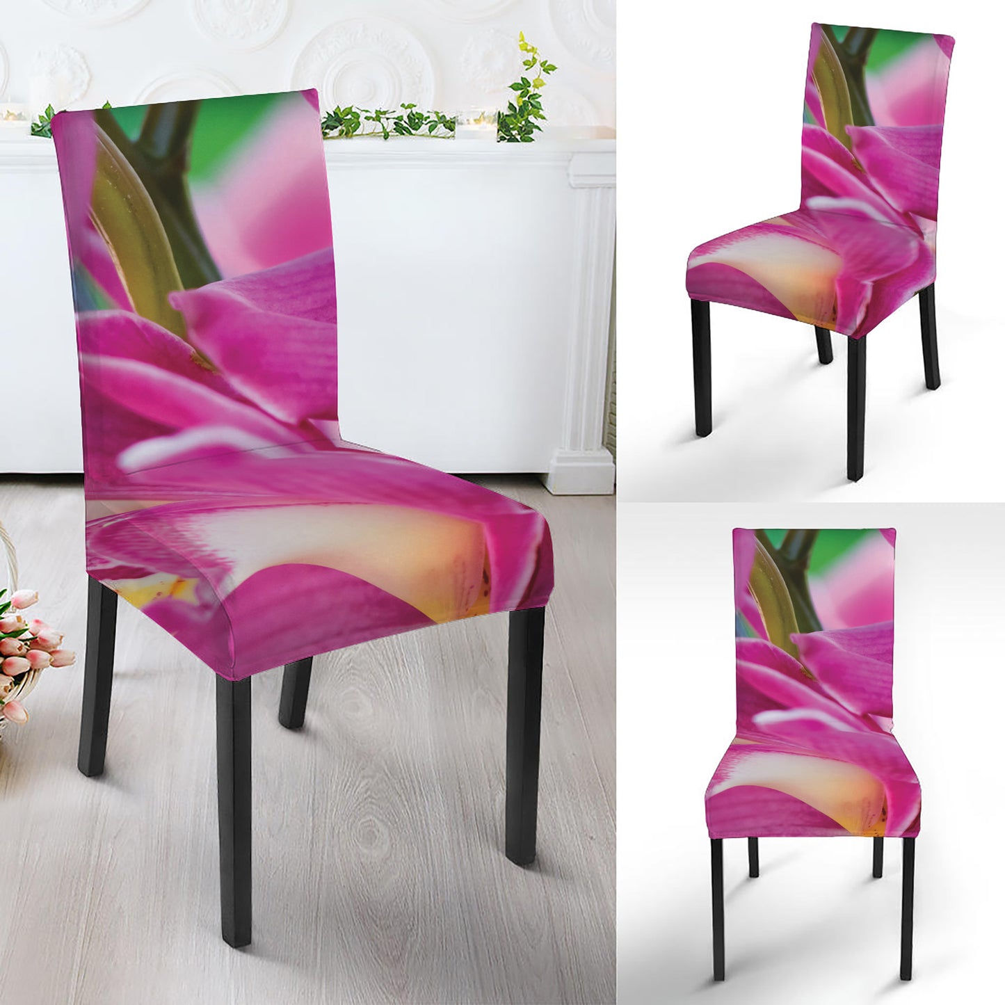 Pink Orchid Flower Print Dining Chair Slipcover