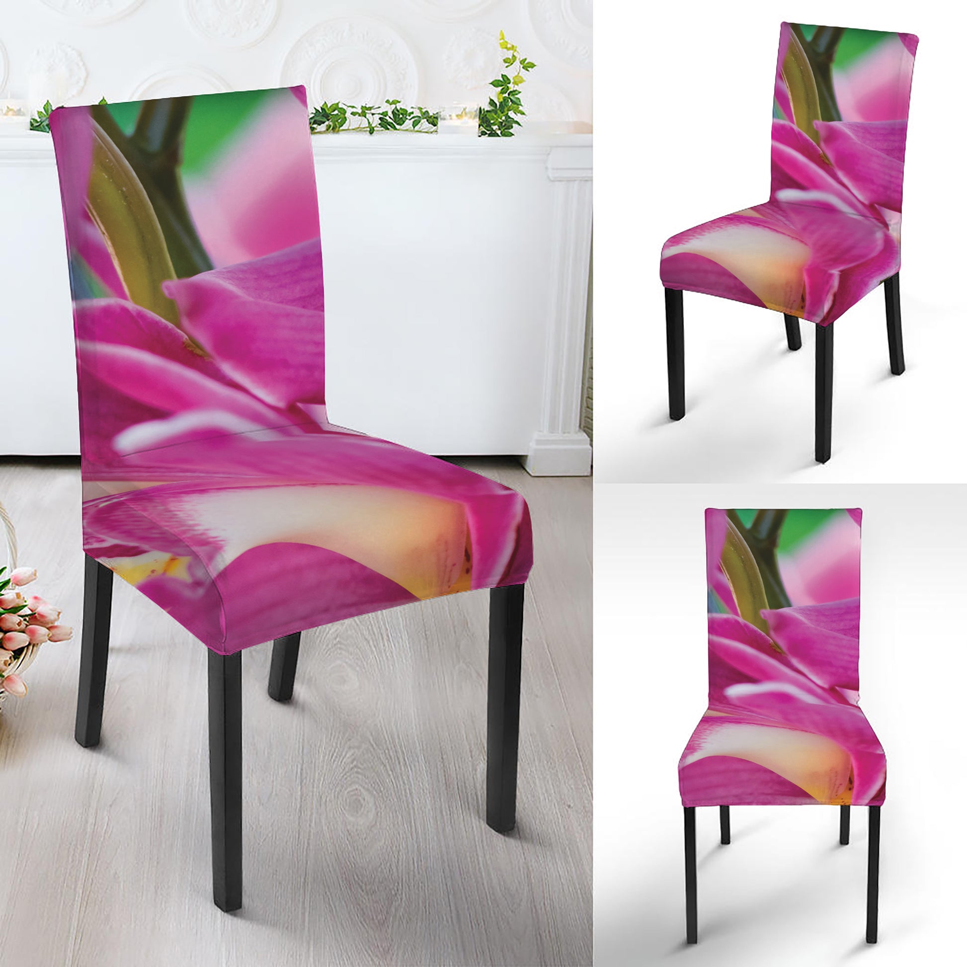 Pink Orchid Flower Print Dining Chair Slipcover