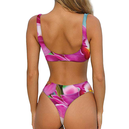 Pink Orchid Flower Print Front Bow Tie Bikini