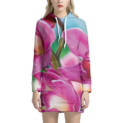 Pink Orchid Flower Print Hoodie Dress
