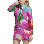 Pink Orchid Flower Print Hoodie Dress