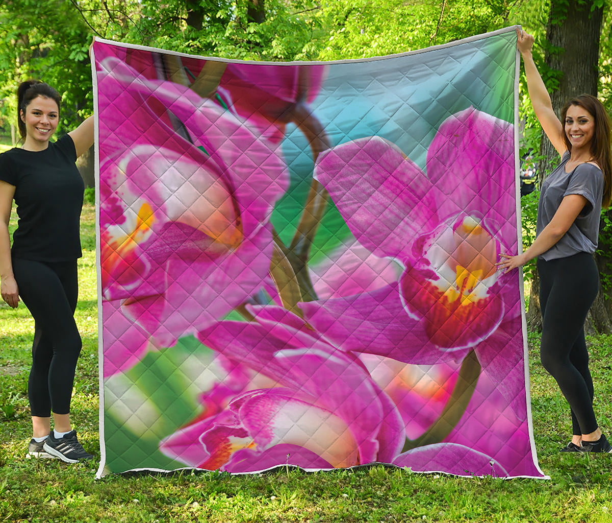Pink Orchid Flower Print Quilt
