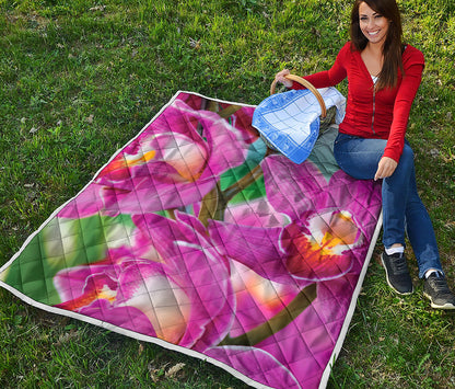 Pink Orchid Flower Print Quilt