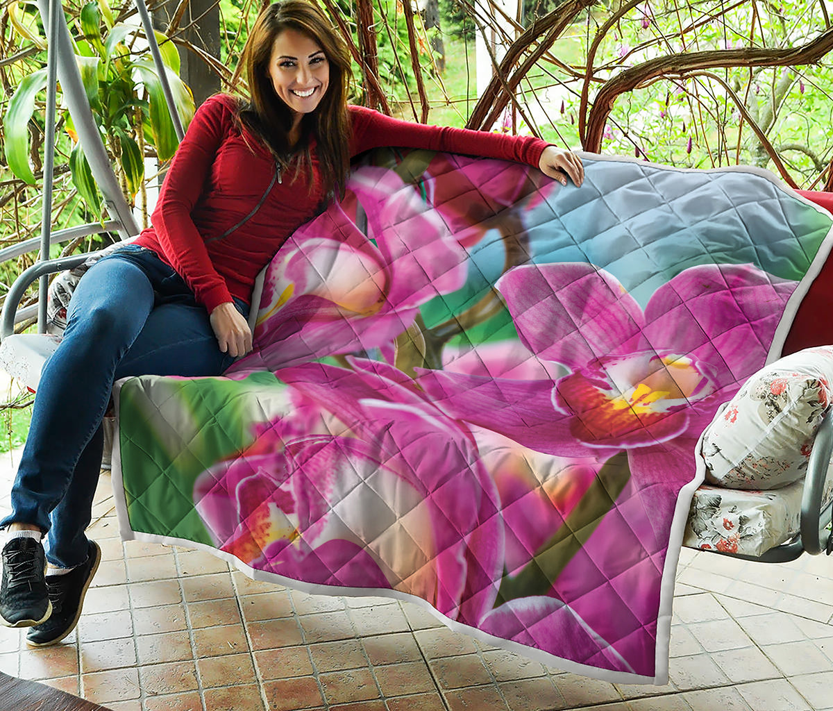 Pink Orchid Flower Print Quilt