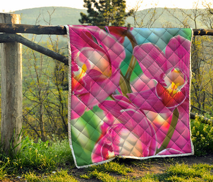 Pink Orchid Flower Print Quilt