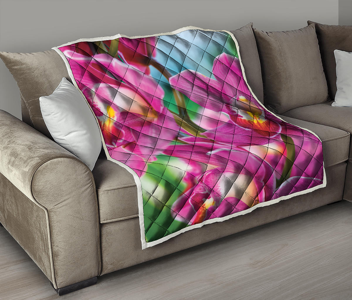 Pink Orchid Flower Print Quilt