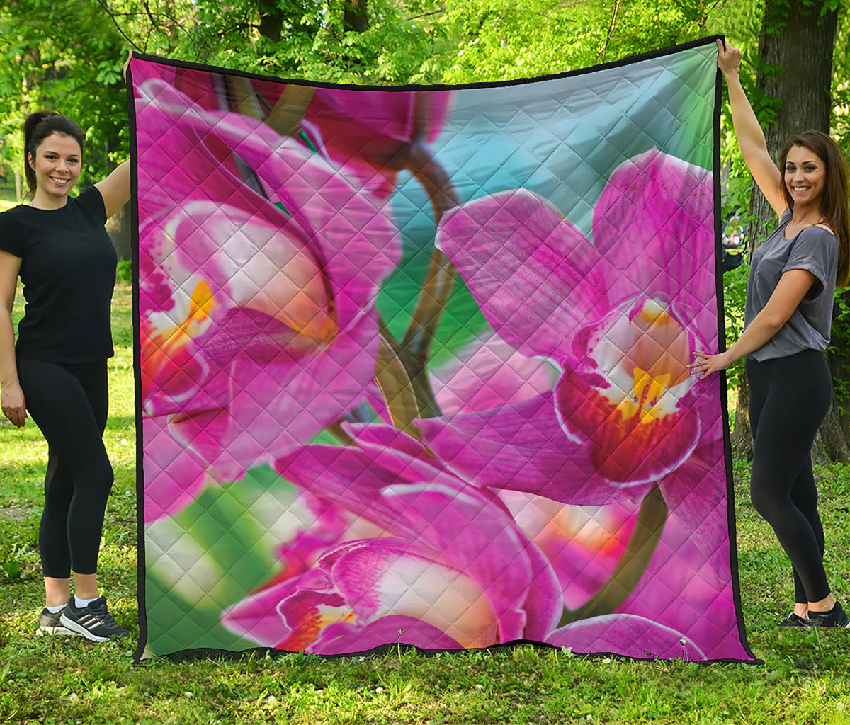 Pink Orchid Flower Print Quilt