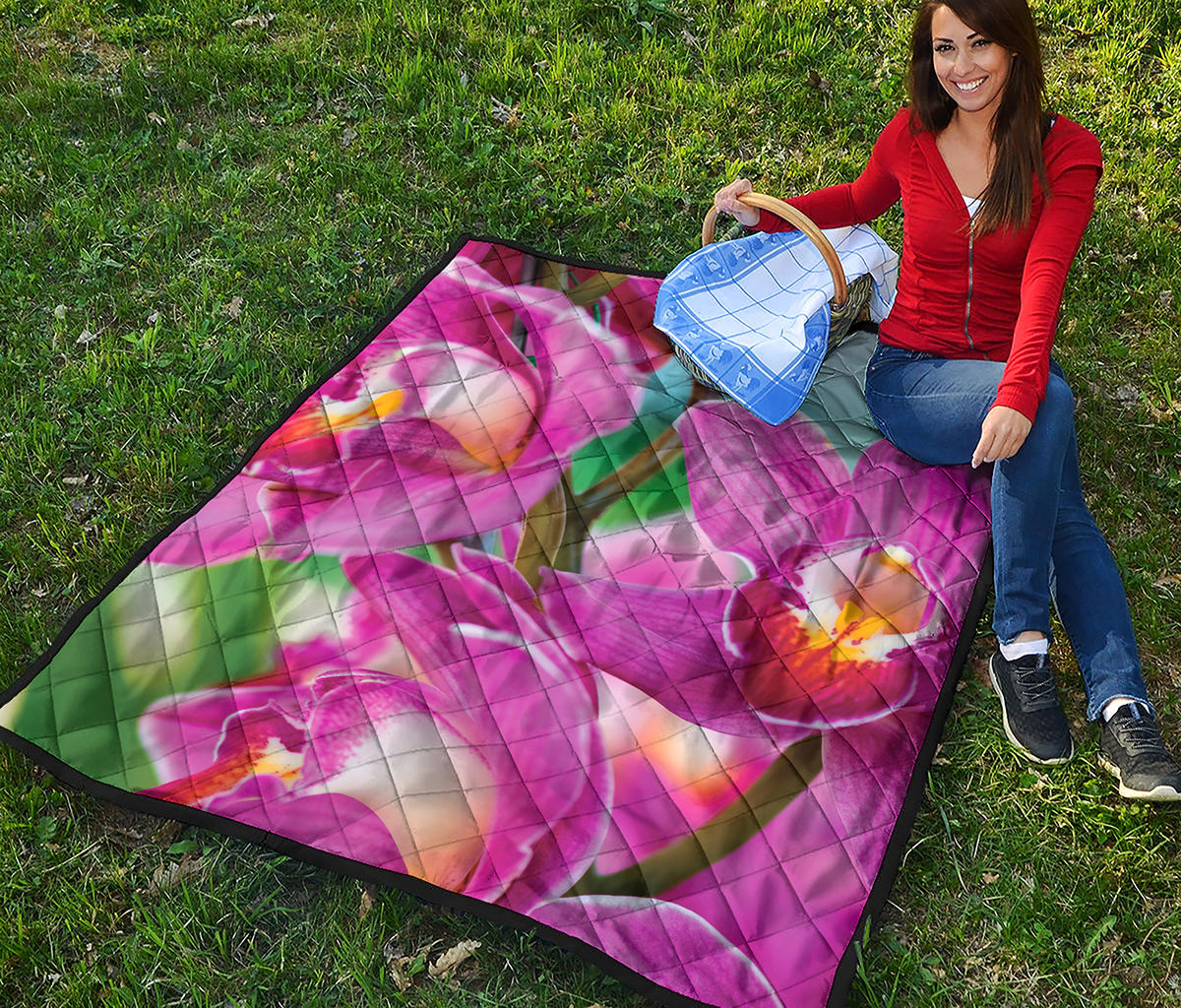 Pink Orchid Flower Print Quilt