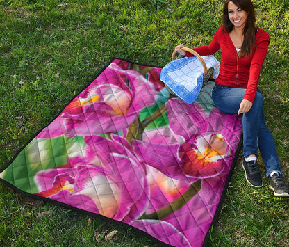 Pink Orchid Flower Print Quilt