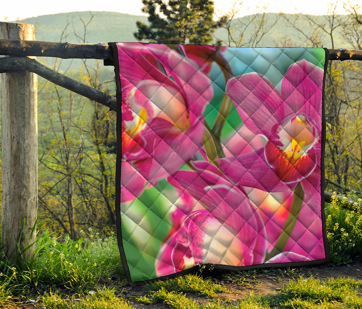 Pink Orchid Flower Print Quilt