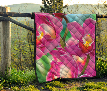 Pink Orchid Flower Print Quilt