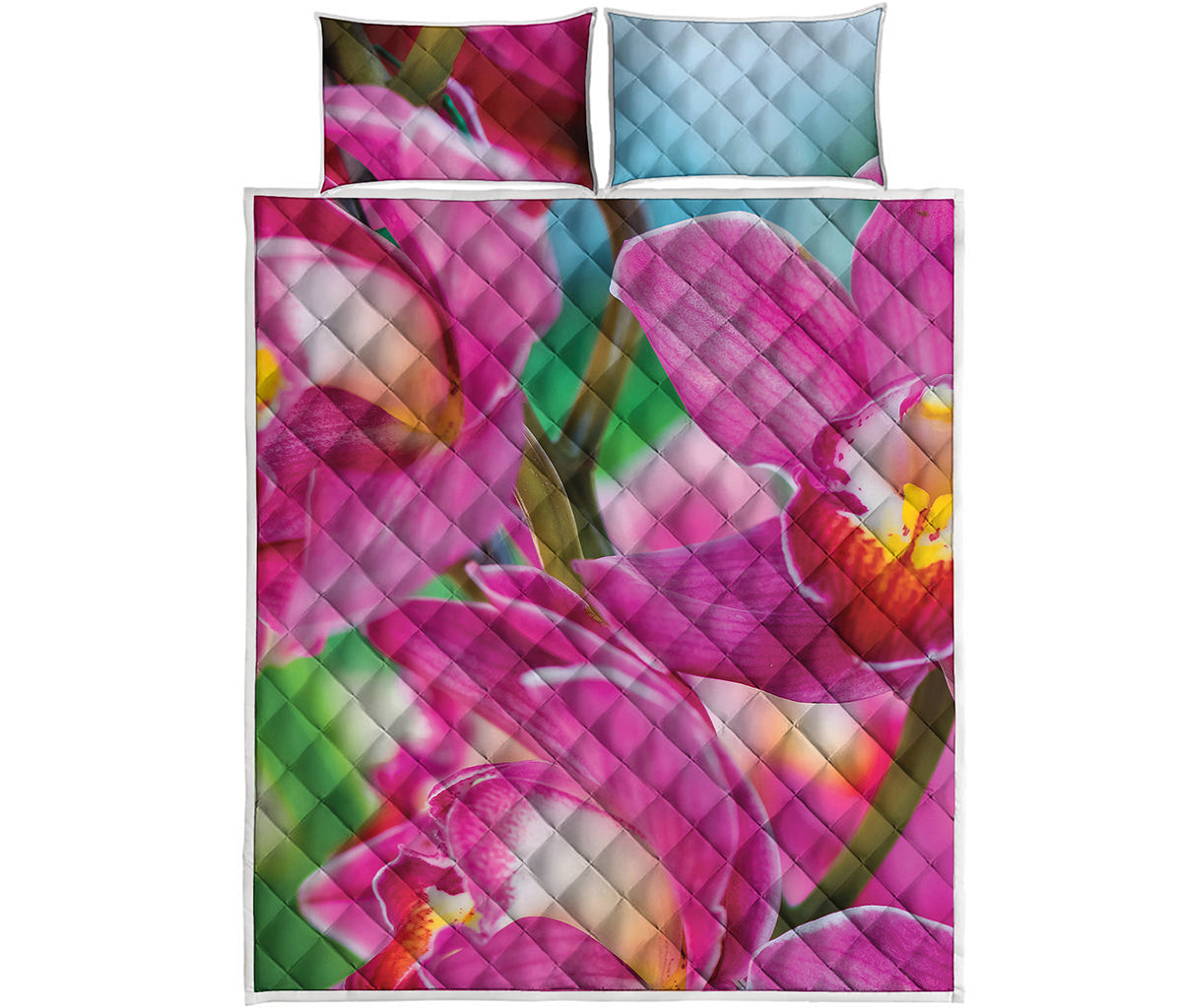Pink Orchid Flower Print Quilt Bed Set