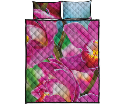 Pink Orchid Flower Print Quilt Bed Set