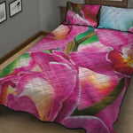 Pink Orchid Flower Print Quilt Bed Set