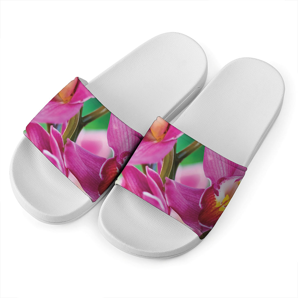Pink Orchid Flower Print White Slide Sandals