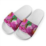 Pink Orchid Flower Print White Slide Sandals