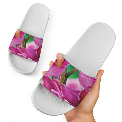 Pink Orchid Flower Print White Slide Sandals
