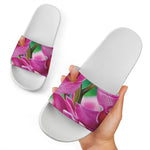 Pink Orchid Flower Print White Slide Sandals