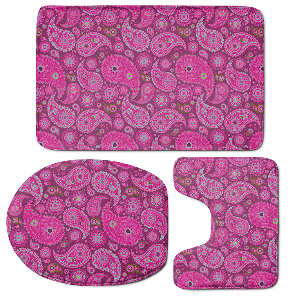 Pink Paisley Pattern Print 3 Piece Bath Mat Set
