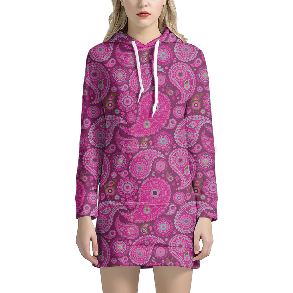 Pink Paisley Pattern Print Hoodie Dress