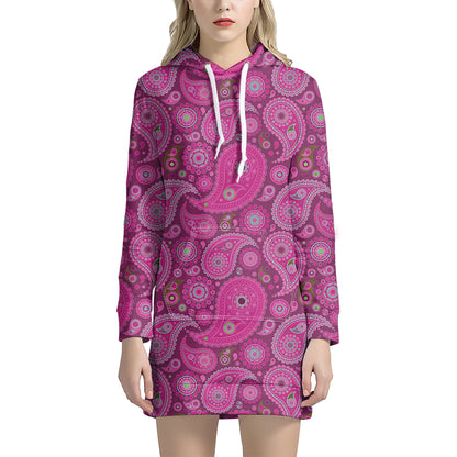 Pink Paisley Pattern Print Hoodie Dress