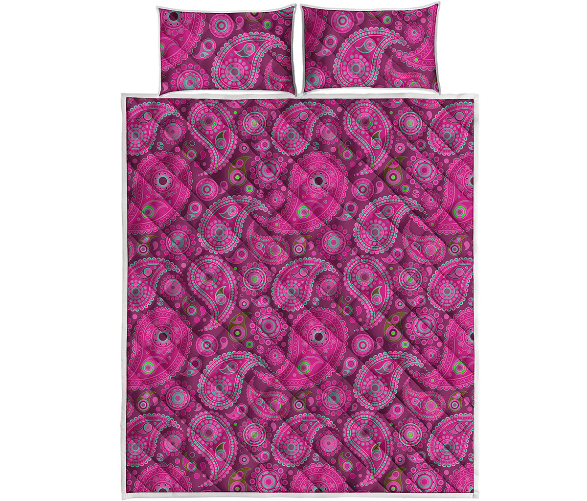 Pink Paisley Pattern Print Quilt Bed Set