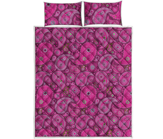 Pink Paisley Pattern Print Quilt Bed Set