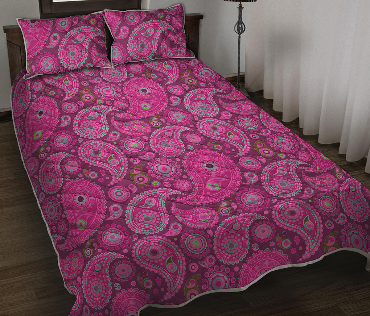 Pink Paisley Pattern Print Quilt Bed Set