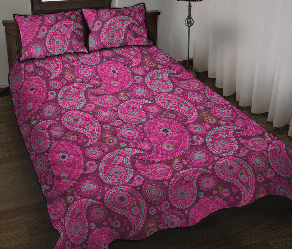 Pink Paisley Pattern Print Quilt Bed Set