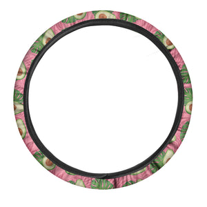 Pink Palm Leaf Avocado Print Car Steering Wheel Cover