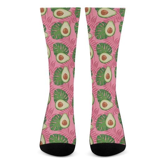 Pink Palm Leaf Avocado Print Crew Socks