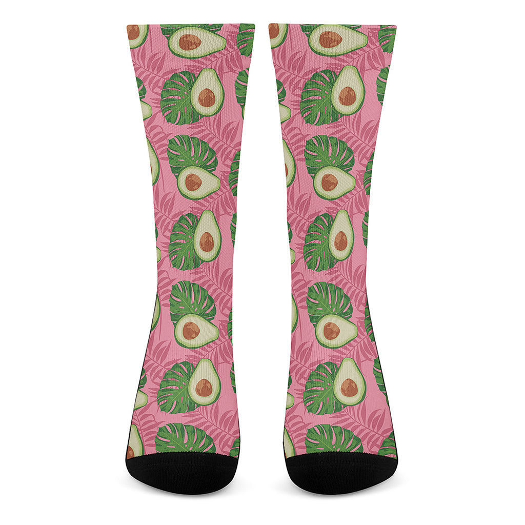 Pink Palm Leaf Avocado Print Crew Socks