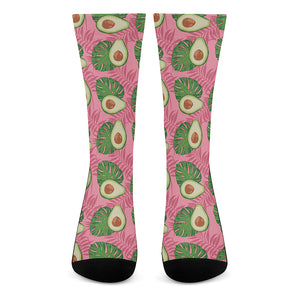 Pink Palm Leaf Avocado Print Crew Socks