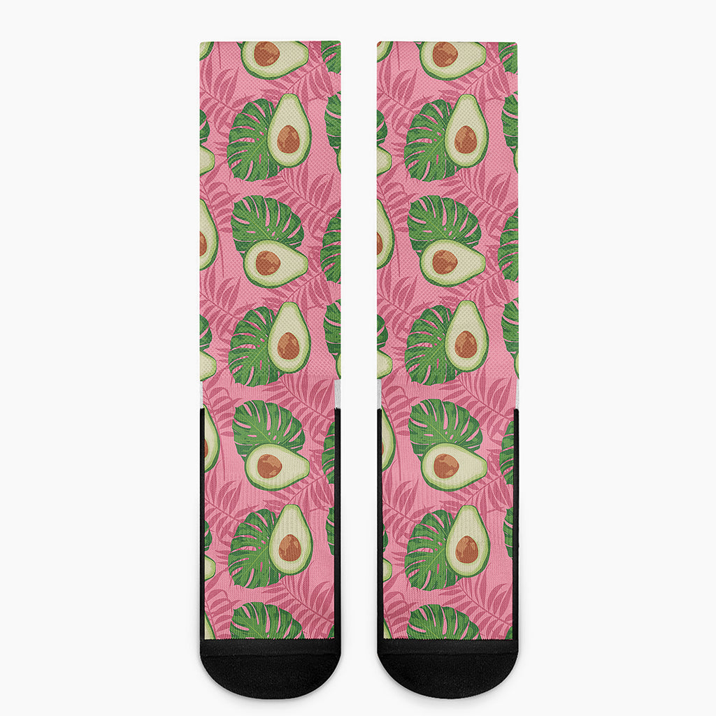 Pink Palm Leaf Avocado Print Crew Socks