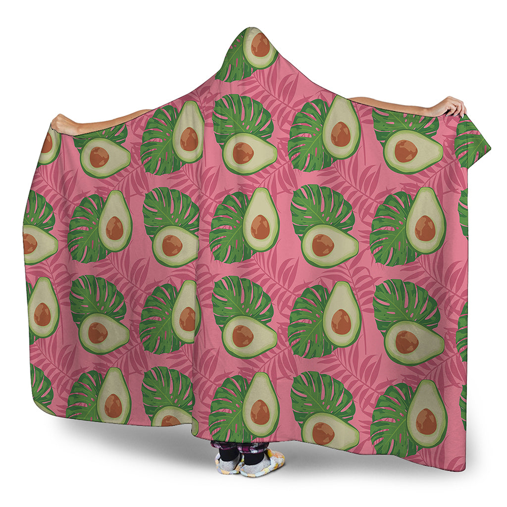 Pink Palm Leaf Avocado Print Hooded Blanket